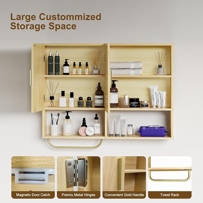 Bathroom Wall Cabinet Wood Large Wall Mounted Medicine Cabinet with 2 Doors and 4 Open Shelves Over Toilet Storage Cabinet Organizer with Towel Bar,Wood