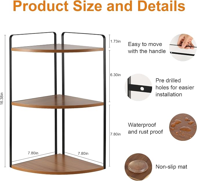 3 Tier Corner Bathroom Counter Organizer, Light Brown | Countertop Sink Organizer Rack, Wooden and Metal Counter Shelf, Space Saving Corner Bathroom & Vanity
