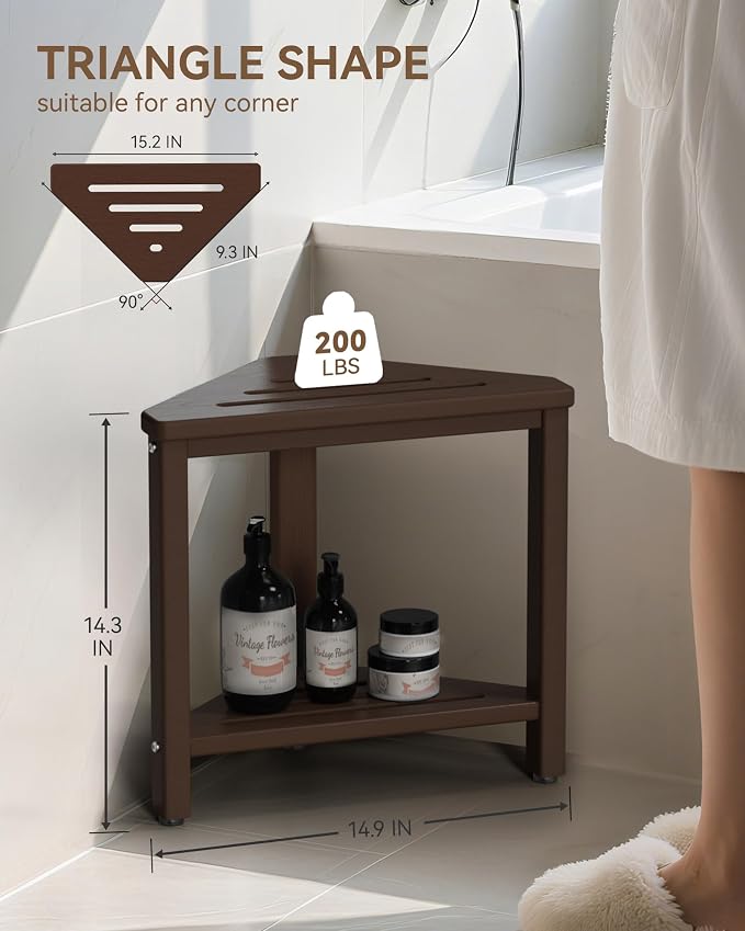 Shower Foot Rest 15in, HDPE Waterproof Shower Stool for Inside Shower, Corner Shower Stool for Shaving Legs with Storage Shelf for Small Space, Shower Step Stool, Plastic Corner Shower Bench, Brown