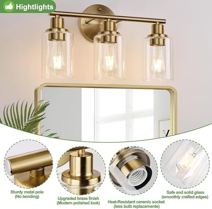 Zarbitta 3-Light Bathroom Light Fixtures, Brushed Brass Bathroom Wall Lights with Clear Glass Shade, Modern Bathroom Wall Lamp for Mirror Kitchen Living Room Hallway Cabinet