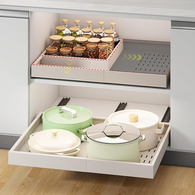 Fokyfok Pull out Cabinet Organizer,14"-21"W, 17"-24"D,Expandable,Adhesive | No Drill,3 Rails,Adjustable Slide out Drawers for Kitchen,Pantry,Roll out Shelves,for Cabinets Without Lip,Bathroom,White,1PC