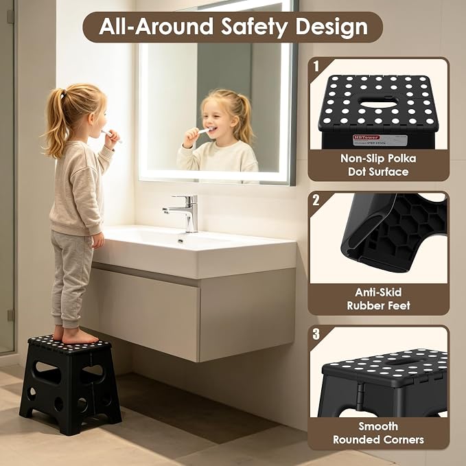 HBTower 13 Inch Folding Step Stool, 450LBS Capacity with Safety Lock, Black | Portable Foldable Stools,Non-Slip Surface,Built-in Handle,Heavy Duty Foot Stool for Adults & Kids,Home, Indoor & Outdoor Use