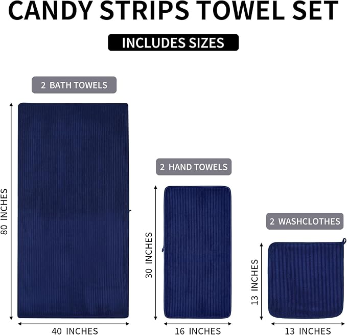 6 PC Bath Towel Set, 40"x80" Oversized Bath Sheets, Navy Blue | Microfiber, Quick Dry, Highly Absorbent, Towels for Bathroom, 2 Extra Large Bath Towels, 2 Soft Hand Towels, 2 Washcloths