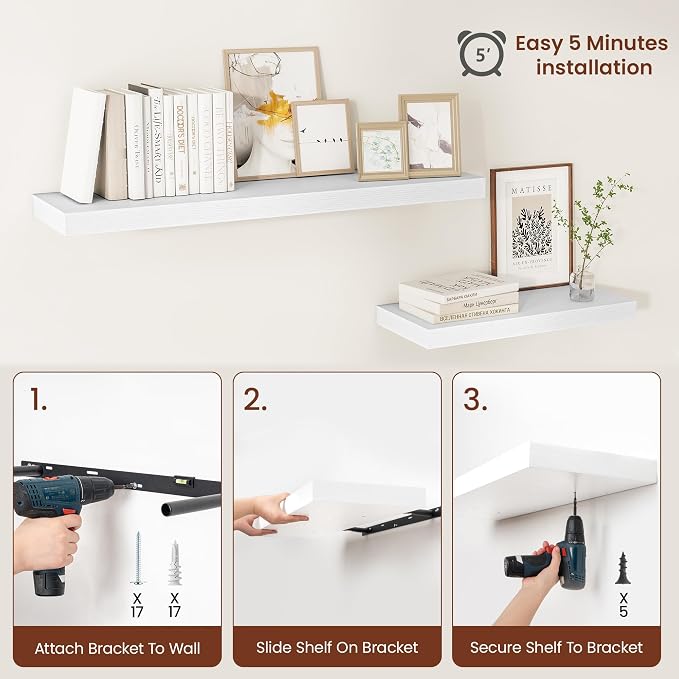 Vivelove Deep Floating Shelves 40x12” Set of 2, White | Easy Install With Hardware, 2" Thick, Invisible Brackets, Wall Mounted, No Sagging, For Any Room