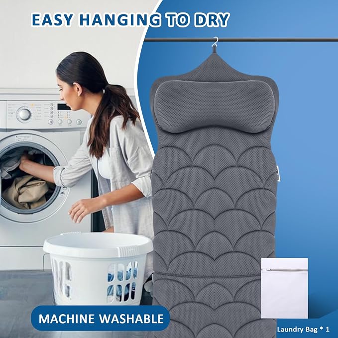 REEZEIVI Full Body Bath Pillow,3D Mesh Fabric,Head Neck Back Support,Gray | Thick Bathtub Cushion,with Laundry Bag,easy to clean and quick to air dry,13 Non-Slip Suction Cups