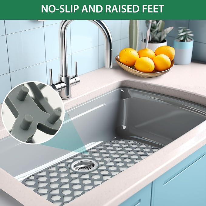 Silicone Sink Protector for Multi-Size Kitchen Sink (21"x16", Rear Drain) | Flexible and durable, heat-resistant, machine washable, non-slip, gray grid.