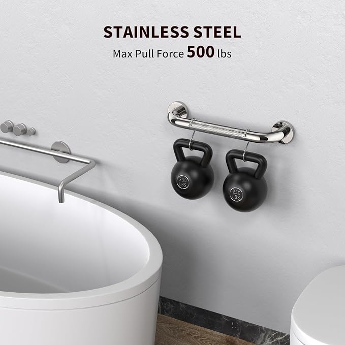 ZUEXT 12 Inch Chrome Knurled Anti Slip Stainless Steel Shower Grab Bar | Bathroom Balance Support Rail, Assist Handle for Handicap, Elderly, Seniors, Wall Mount Rustproof Bath Safety Handrail