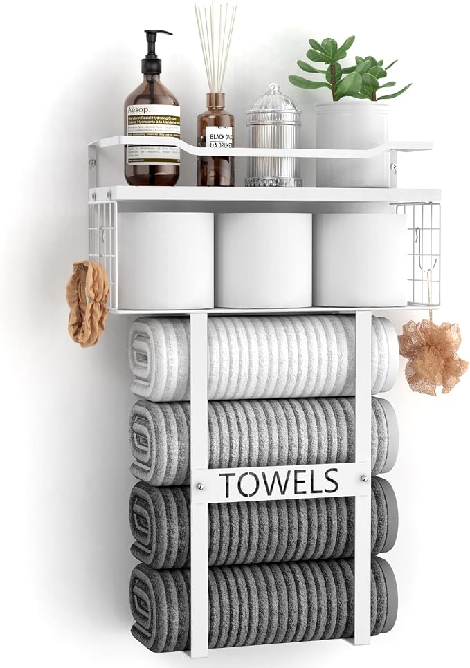 Towel Racks for Bathroom Wall Mounted - Bath Wall Towel Holder Set Above Toilet Storage, Rolled Towel Shelf Organizer for Small Bathroom All White, Wood Vertical Towel Rack for Bathroom Wall Decor | Towel Storage with Wood Shelf & Metal Basket,Fit for ...