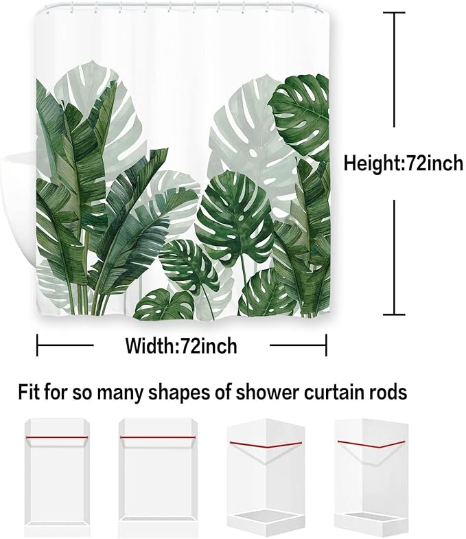 Baccessor Tropical Green Plant Shower Curtain Waterproof Washable Fabric Summer Bathroom Decor Botanical Banana Monstera Leaf Palm Tree Shower Curtain with Hooks 72 W x72 H Inch