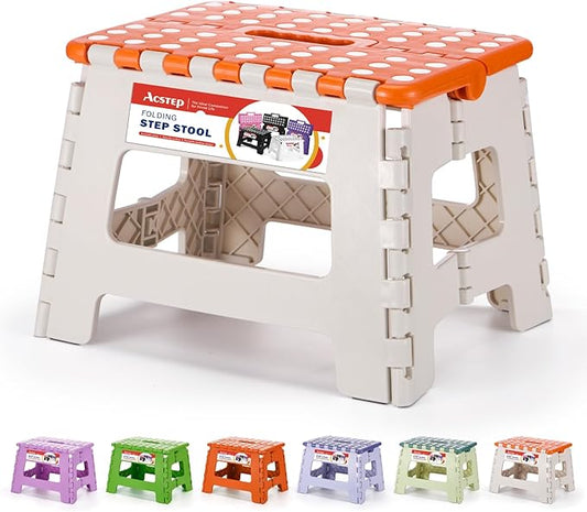 Folding Step Stool 9 Inch for Kids, 300 lbs, Bicolor Orange | Lightweight Plastic Small Foldable Step Stool with Handle, Non-Slip, for Kitchen, Bathroom, Bedroom and Closet