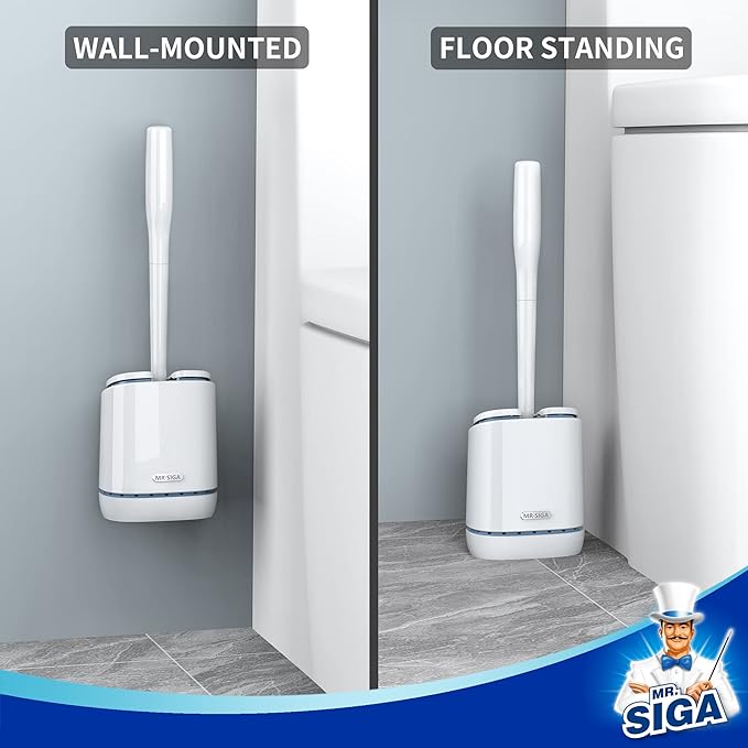 MR.SIGA Toilet Bowl Brush and Holder, Wall Mounted Toilet Brush, White | Automatic lid design, sturdy handle, upgraded ventilation, flat rubber head dries quickly