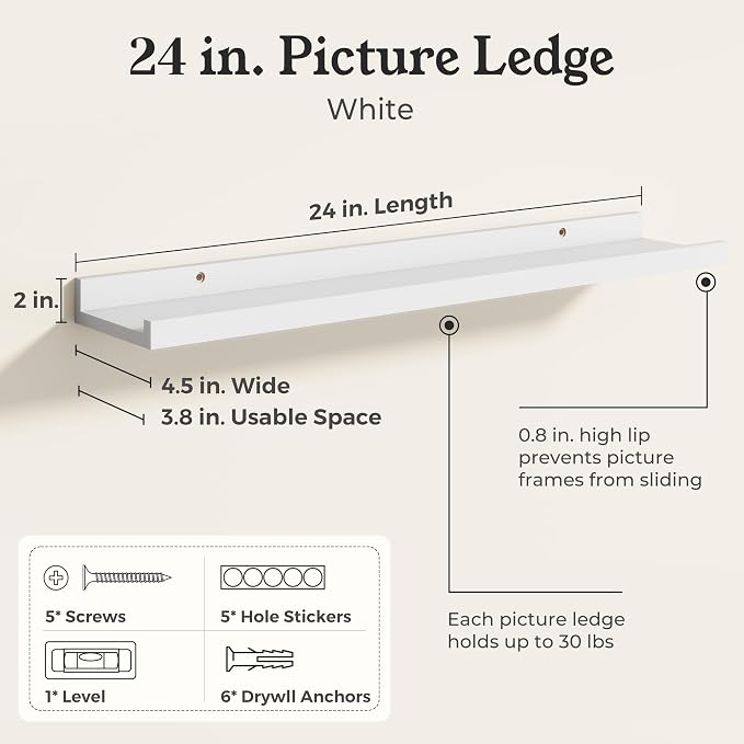 White Picture Ledge Shelves for Wall, 4.5" Deep Wood Floating Shelves with Lip for Bedroom, Living Room, 24" Width, Color White Set of 2