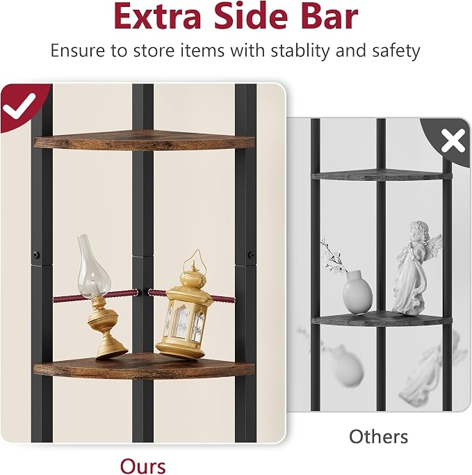 Corner Shelf Stand 3 Tier 39.5" with Metal Frame, Rustic Brown | Industrial Small Corner Shelf Narrow, Multipurpose Tall Corner Bookshelf, Corner Table Bedroom, Living Room, Office, Kitchen