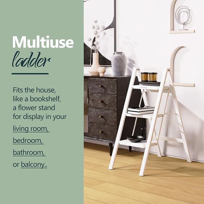 3 Step Foldable Step Stool, 330lbs Load, White | Folded 36'' H x 2'' T; Net 9.9 lbs; Anti-Slip Feet Grip Wood, Tile, Carpet; Wide Pedals; For Kitchens, Closets.