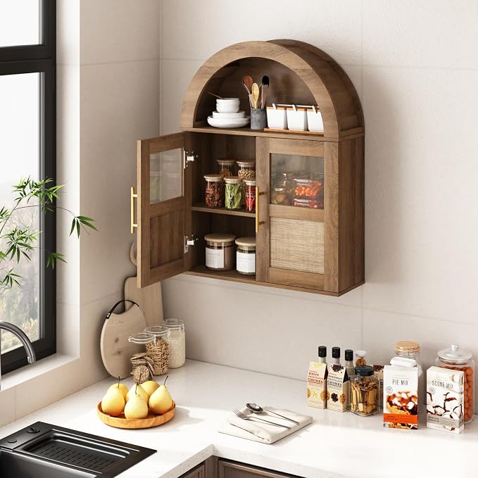 RUSTOWN Arched Bathroom Wall Cabinet with 2 Glass & Rattan Doors | Rattan Medicine Cabinet, Farmhouse Over the Toilet Storage Cabinet, Adjustable Shelves, 3-Tier Wall Mounted Cabinets