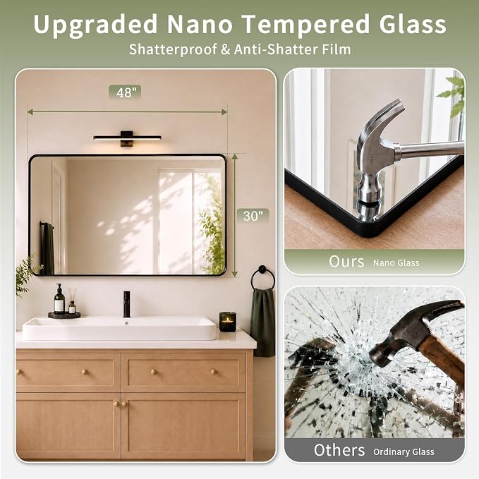 Koonmi 30x55 Inch Black Bathroom Mirror for Over Sink | Wall Mirror for Bathroom Matte Rectangle Metal Deep Framed, Shatterproof Tempered Glass, Hang Vertically or Horizontally