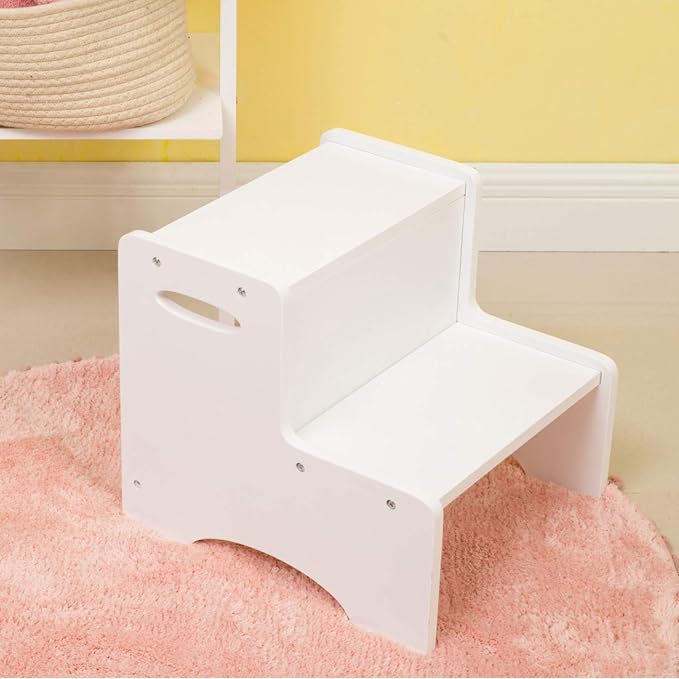 Toddler Step Stool, Wooden 2 Step Stools for Bathroom Sink Potty Training Kitchen Dual Height Stool Helper for Kids Bonus Non-Slip Pads and Handles for Safety (White)
