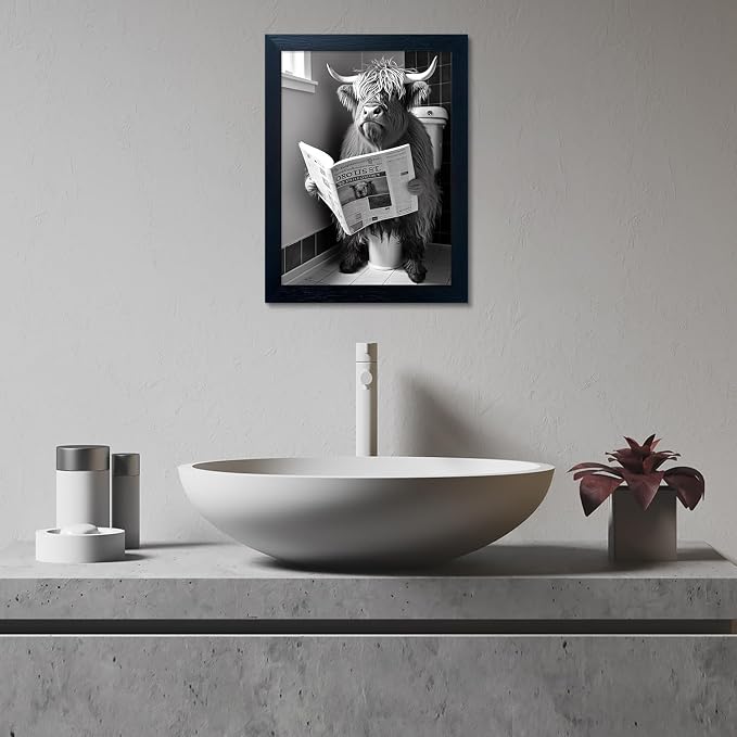Framed Black and White Bathroom Canvas Print Highland Cow with Toilet Paper on Head Wall Art Toilet Decor Cow Pictures Wall Decor Animal Bathroom Wall Art for Home