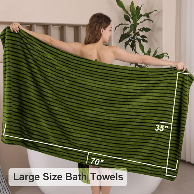 8 Pcs Army Green Cabana Stripe Large Bath Towel Set Oversized Bath Sheet-2 Bath Towels,2 Hand Towels,4 Washcloths Soft Jumbo Towels Absorbent Shower Towel Beach Chair Towels Spa Gym Hotel Towel