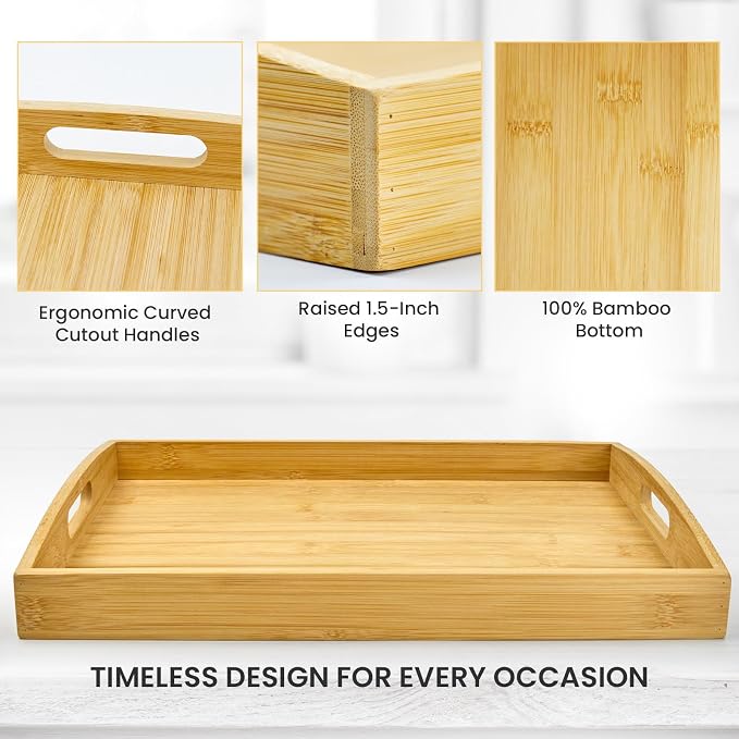 Bamboo Serving Tray Set of 3, Bamboo Trays with Handles | Decorative bamboo serving trays for serving, storage,kitchens, living rooms,bathrooms, outdoor scenarios and more