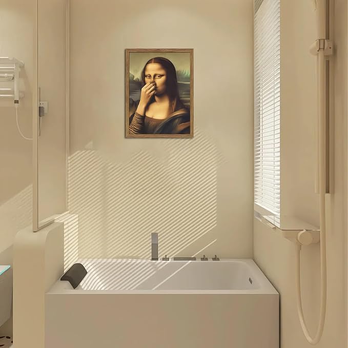 Framed Funny Mona Lisa Bathroom Wall Art, Mona Lisa Holding Her Nose Picture Wall Decor, Vintage Whimsical Canvas Artwork Poster Print for Restroom Toilet Bathroom 16x24 Inch Framed
