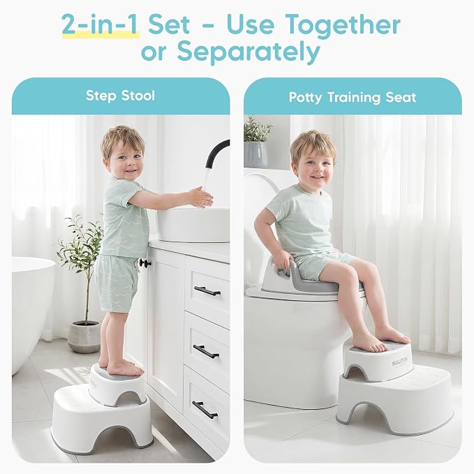 Maliton Potty Training Toilet Seat & Step Stool, 2-in-1 Anti-Slip Grey | Potty Seat + Separate Step Stool, Adjustable Fits More Toilets, Anti-Slip, Sturdy, Splash Guard, Easy clean，Boys & Girls.