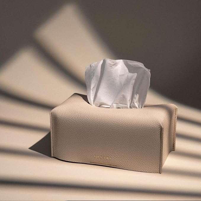 OLETHA Rectangle Tissue Box Cover, Light Taupe, Large Size | Faux leather tissue box holder fits Puffs 124 ct & Kleenex 180-230 ct flat boxes; aesthetic desk decor for home, office, room