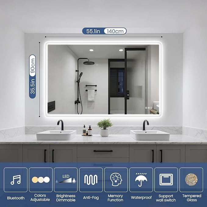 STARLEAD 55"x36" LED Bathroom Mirror with Bluetooth Speaker, 3 Color Temperature, Stepless Dimming, Anti-Fog, Touch Control, Wall-Mounted Vanity Mirror, Vertical or Horizontal