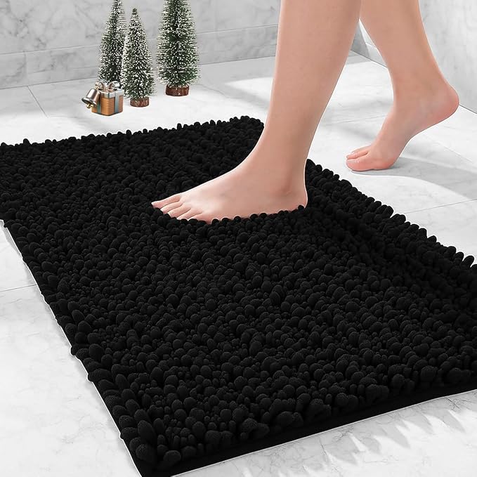 Bathroom Rugs Non Slip Washable 36x24, Extra Thick Soft Chenille Absorbent Bath Mat, High Density Barrier Non Slip Backing, Quick Dry Plush Shaggy Floor Carpet for Tub&Shower, Black