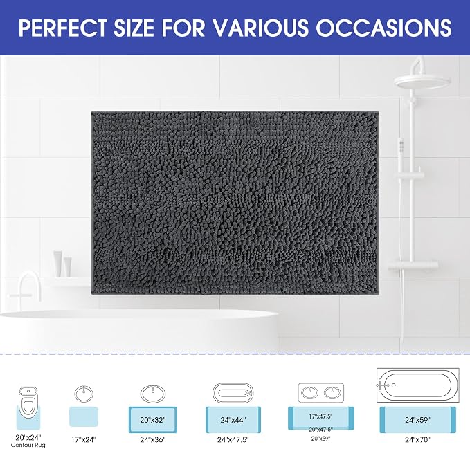 Striped Grey Bathroom Rug Mat 36"x24" Ultra Soft, Non Slip Chenille Bath Rugs, Absorbent Plush Shaggy Bath Mats for Bathroom, Bedroom, Kitchen, Shower, Tub,Dark Gray, Charcoal