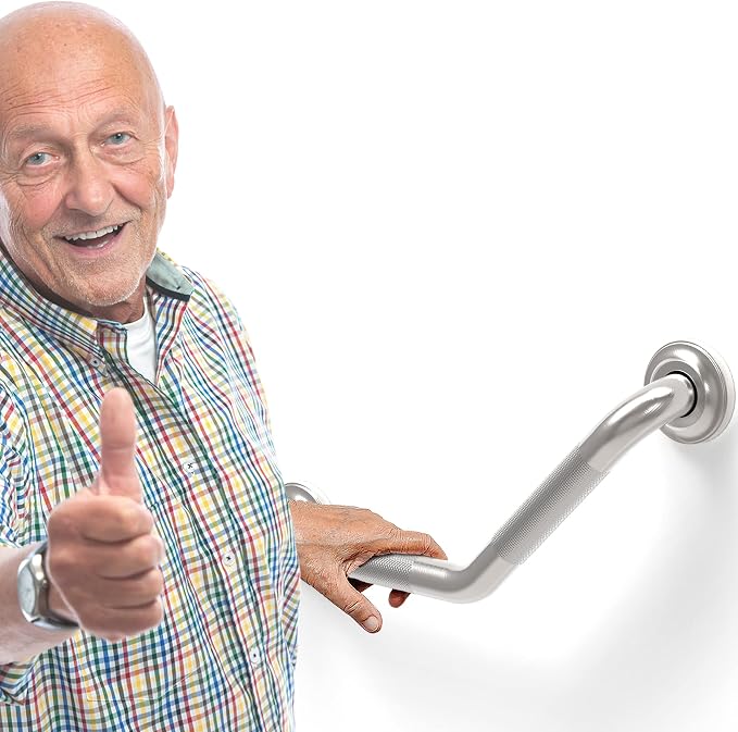 1-1/4 x 16inch Angled Grab Bar for Stud Mount with Knurled Grip, Bathroom Mobility Aid, ADA Compliant Heavy Duty 500lbs Support, Rustproof Stainless Steel (Brushed Nickel)