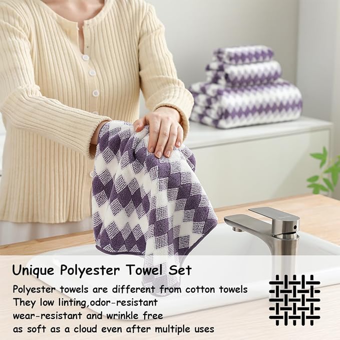 12 Pcs Purple White Diamond Towel Set-4 Bath Towels,4 Hand Towels,4 Washcloths Soft Polyester Bath Sheet with Loop Absorbent Shower Towel Quick Dry Beach Chair Towel Family Towels for Bathroom Spa Gym