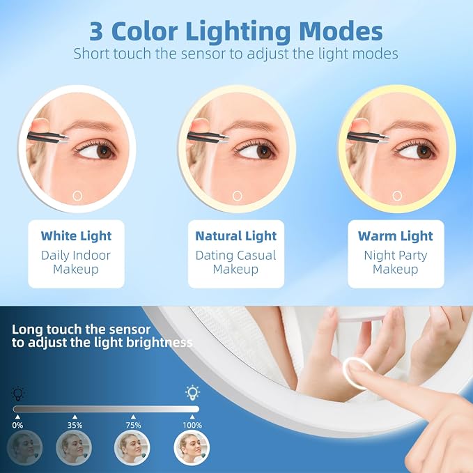 20X Magnifying Mirror with Lights, 20X Magnified Mirror with 3 Suction Cups | 6inch Travel Size, Rechargeable Magnification Mirror with 3 Color Lights Adjustable Brightness - Includes Tweezers & Scissors