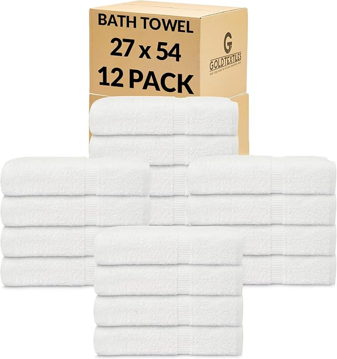 Premium Bath Towel Set (Pack of 12,27 x 54) 100% Ring-Spun Cotton Towels for Hotel, Spa, Soft and Absorbent (27 x 54, White - 12 Pcs)