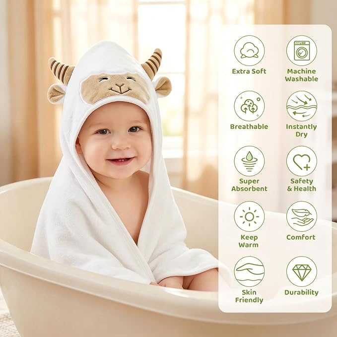 12 PCS Baby Bath Towels Set, Baby Towels for Newborn Bath Essentials Gifts | Animal Hooded, Ultra Thick Soft Absorbent, 4 Baby Towels & 8 Washcloths for Boy Girl Infants (Dinosaurs, Sheep, Elk, Bear)