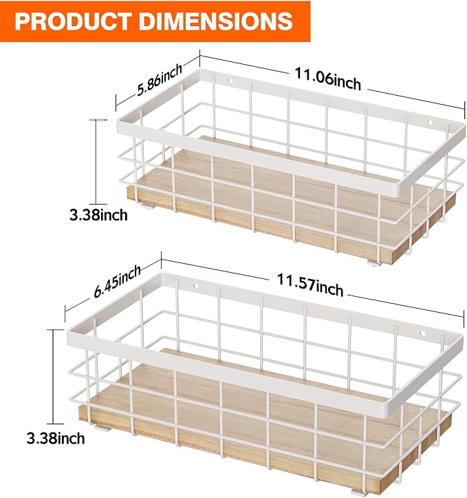 TJ.MOREE Small Metal Wire Basket, Decorative Wood Base Organizer for Bathroom, Kitchen, Basket for Toilet Paper Storage, Sugar Packet, Coffee Syrup, Guest Towel Napkin, White 2-Pack