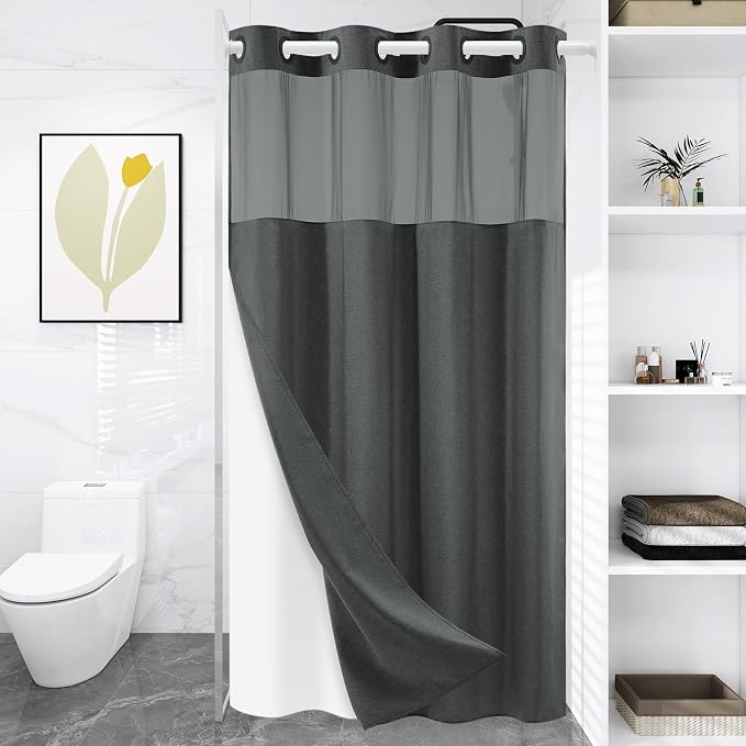 WONICY No Hook Shower Curtain with Liner, Charcoal Grey, 54 x 80 Inch | Ringless, Waterproof & Washable, Hotel Style, Mesh Top Window, Bottom Magnets, Thick, Farmhouse, for Bathroom