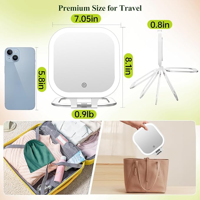 FUNTOUCH Rechargeable 7" Travel Makeup Mirror 30X Magnification,White | Double Sided Magnifying Mirror with Tweezers/Hook/Bag, 3 Color Lights & Adjustable Brightness, 300°Rotation , Gift for Women