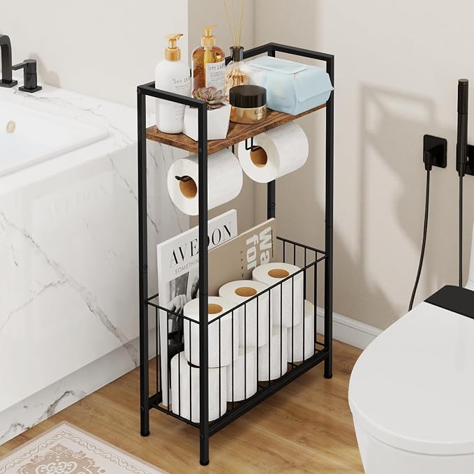 Freestanding Toilet Paper Holder with Storage, Rustic Brown | Toilet Paper Holder Stand with Wooden Shelf for Bathroom Storage, Dual Toilet Paper Roll Stand for Extra Rolls & Magazines