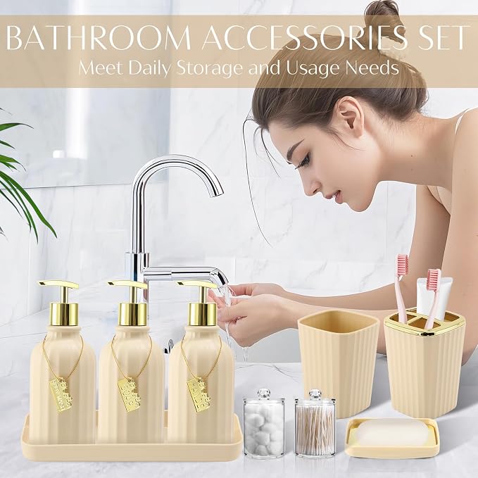 17PCS Bathroom Accessories Set, Beige Bathroom Set Bathroom Accessories Set with Trash Can, Toilet Brush, Toothbrush Holder, Qtip Holder & 3PCS Soap Dispenser
