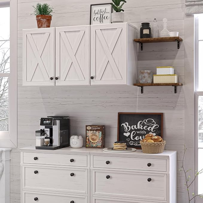 FIMELLO Wall Cabinet, Bathroom Wall Cabinet,Farmhouse Wall Mounted Cabinets for Kitchen Garage Laundry Storage, Medicine Cabinet with 3 Door and Shelves, Laundry Room Wall Cabinets,White Grain