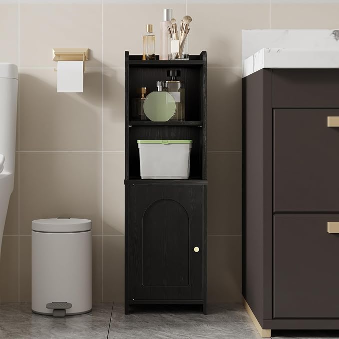 Hzuaneri Bathroom Storage Cabinet, Narrow Toilet Paper Cabinets with Doors | Small Corner Floor Cabinet with Doors and Adjustable Shelf, Bathroom Organizer for Small Spaces, Black BC39704X