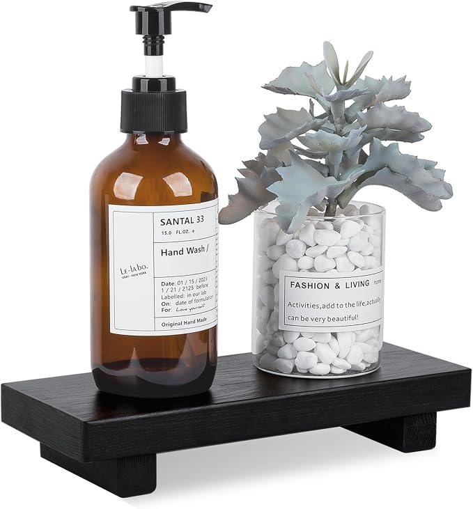 Bathroom Tray Wood Riser Kitchen Decor Soap Holder, 8.7" x 3.6" Black | Waterproof, Easy Clean, Wooden Pedestal Stand Accessories for Office Desk, Bathroom, Vanity, Counter, Sink