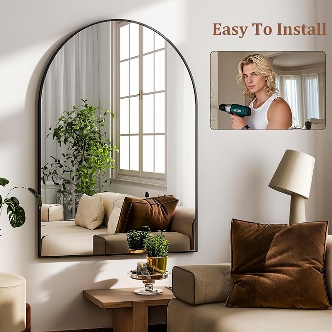 HARRITPURE Arched Wall Mirror 24"x36" Black Metal Frame Vanity Mirrors | Aluminum Alloy Frame Bathroom Mirror Living Room, Bedroom and Entryway