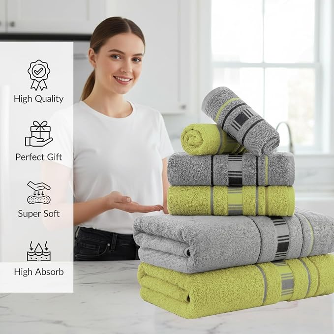 CASA COPENHAGEN 6pcs Bathroom Towel Gift Set, 600GSM, Grey Green | X Line 100% Egyptian cotton,2 Bath Towel, 2 Hand Towel, 2 Washcloths Towel.(Gift Set for Women & Men)