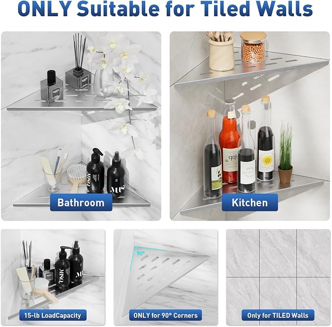 lives Shower Corner Shelf 10" Slot Design Bathroom Shelves for Tiled Wall, 304 Stainless Steel Recessed Organizer Corner Shelves for Inside Shower Decor, 2 Pack, Silver