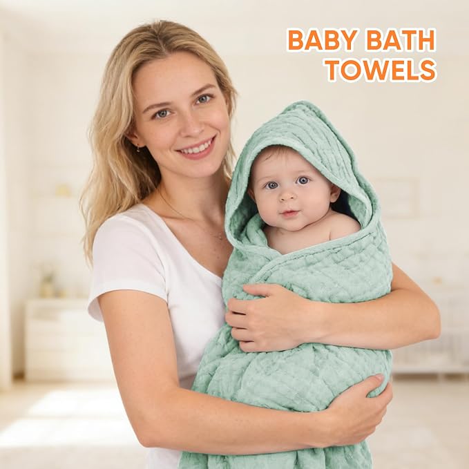 MIGIOL Muslin Hooded Baby Towels 100% Cotton ，Super Soft Muslin Baby Bath Towel - 32 x 32 Inches, Suitable for Newborn and Young Children up to 3 Years Old. (Beige & Green)