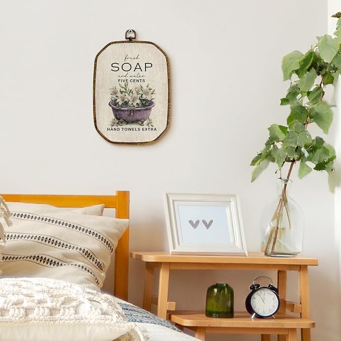 Yjeslw Vintage Lily Bathroom Octagon Wall Art Decor, Rustic Farmhouse Framed Canvas Prints, Cottagecore Neutral Flower Bathtub Wall Hanging Decorations for Bathroom Washroom Decor, 10.2x7 In