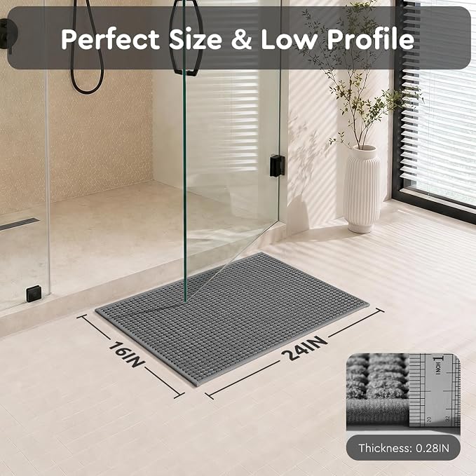 tchdio Bath Mat, Absorbent Bathroom Mat Quick Dry, Thin Bathroom Rugs Fit Under Door, Non Slip Washable Bath Rugs with Solid Rubber Backing, Low Profile Bath Mats for Bathroom, Grey, 16" x 24"