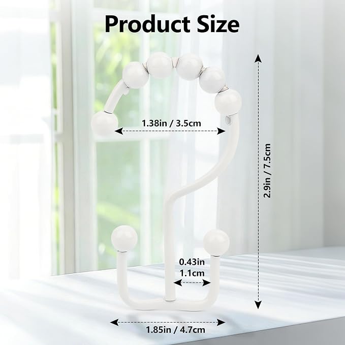 Resze Shower Curtain Hooks, Metal Double Shower Curtain Rings, White | Glide Roller Shower Hooks, Rust-Resistant Anti-Drop Shower Rings, Smooth Sliding Hooks for Bathroom Shower Rods Curtains